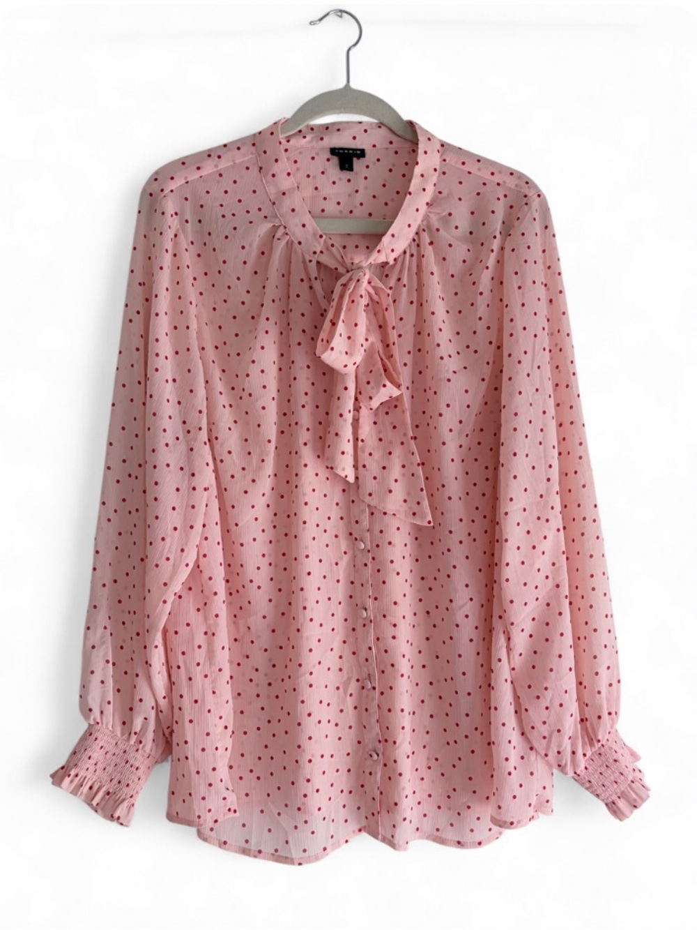 Torrid Pink and Red Polka Dot Retro Tie Neck Bow Blouse Size 2
